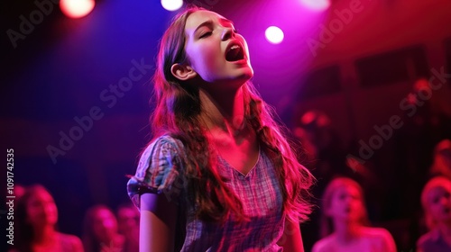 teenage girl performing in a school theater production, captivating the audience with her talent. photo