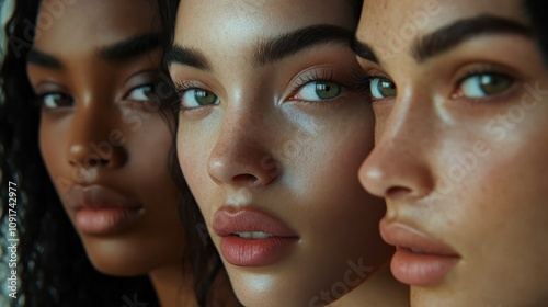 three racially and ethnically diverse models looking into the camera photo