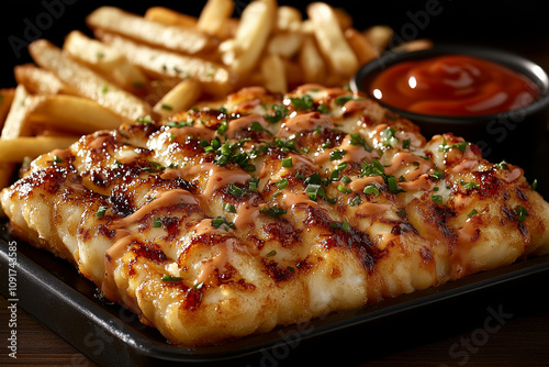 Wallpaper Mural Enjoying classic British fish and chips served with crispy fries and sauce Torontodigital.ca