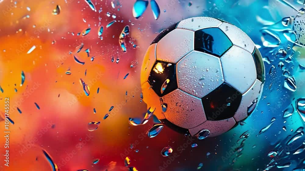 A soccer ball splashes through raindrops creating vibrant reflections in a colorful background during wet weather