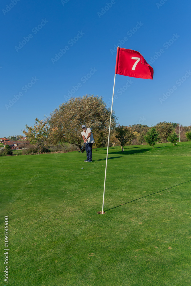 Obraz premium vertical golf ball heading toward hole on green with senior golfer practicing in background
