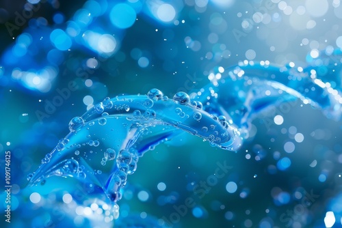 A vibrant blue surface is adorned with glistening water droplets that dance in the light, creating a captivating visual effect reminiscent of flowing water in a tranquil setting. photo