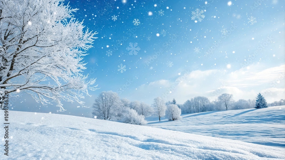 Obraz premium Cozy winter wonderland scene with snowflakes and hearts, wintry landscape, snowy scene, heart-shaped decorations