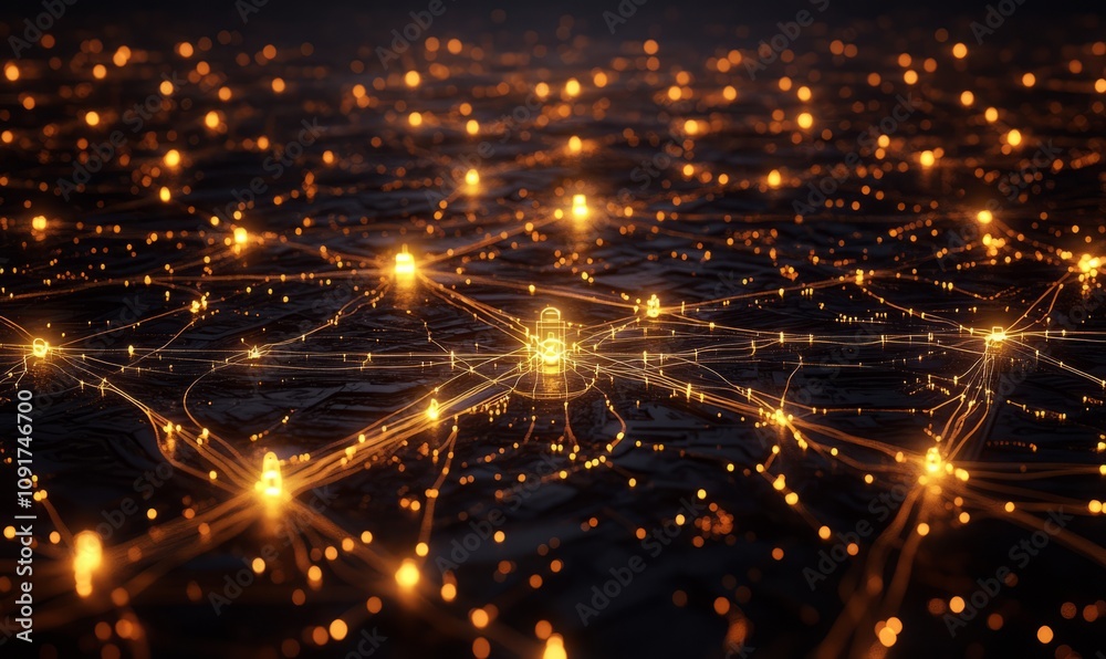 Fototapeta premium network of intersecting lines forming a complex, illuminated grid with glowing nodes at intersections, set against a dark backdrop