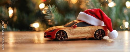 Wooden toy car under a Christmas tree in a Santa hat, representing holiday sales in vehicle dealerships.