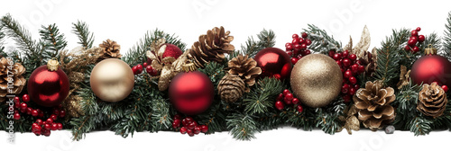 Christmas garland with red and gold ornaments pine isolated on a transparent background, PNG file
