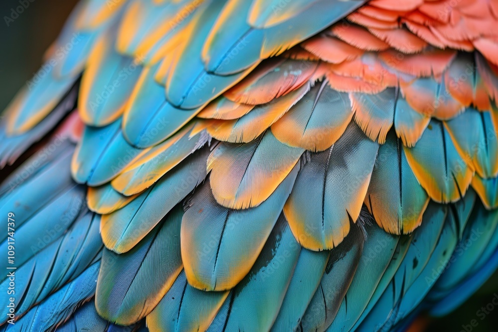 Obraz premium The feathers of a tropical parrot display an array of vivid blues and oranges, showcasing their intricate pattern and texture under natural light.