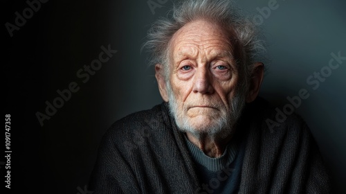 An elderly man with expressive eyes sits in soft lighting, wearing a robe, showing signs of age and wisdom, conveying a pensive and thought-provoking mood. photo