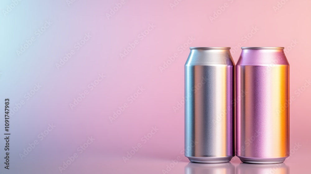 Two vibrant aluminum cans stand side by side on a reflective surface against a pastel background, blending metallic hues with soft, ambient hues. Two vibrant aluminum cans stand side by side on a reflective surface against a pastel background, blending metallic hues with soft, ambient hues.
