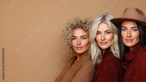 A trio of elegant women wearing earth-toned sweaters and hats pose against a neutral backdrop, showcasing timeless beauty and casual sophistication. photo