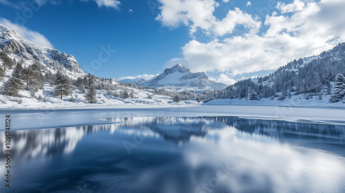 Frozen Lake and Snowy Mountain Landscape - Winter Serenity in Nature