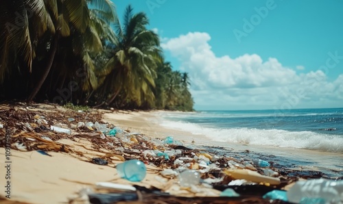 A once beautiful tropical beach now littered with plastic waste, highlighting the environmental impact of pollution on the ocean and shorelines photo