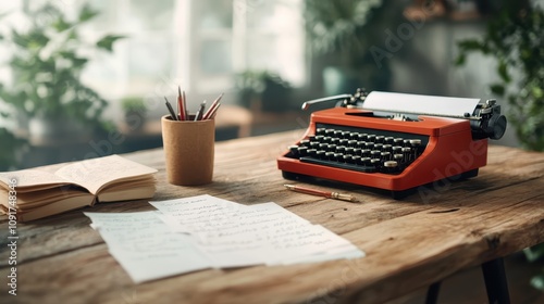 An orange-red vintage typewriter sits on a wooden desk alongside scattered sheets of hand-written notes and a pot of pens, creating a nostalgic writing ambiance. photo