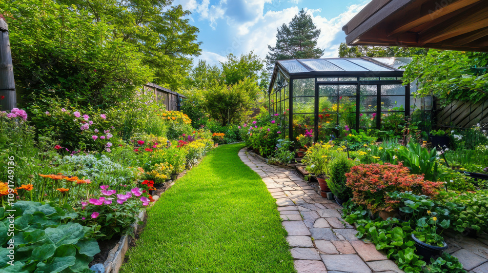 Obraz premium A vibrant garden path winding through colorful flowers and plants alongside a charming greenhouse in full bloom during a sunny day