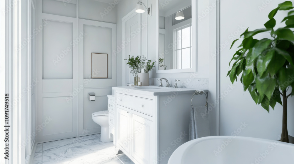 Fototapeta premium Modern bathroom sink with natural decor in a serene setting featuring a minimalist design and abundant greenery