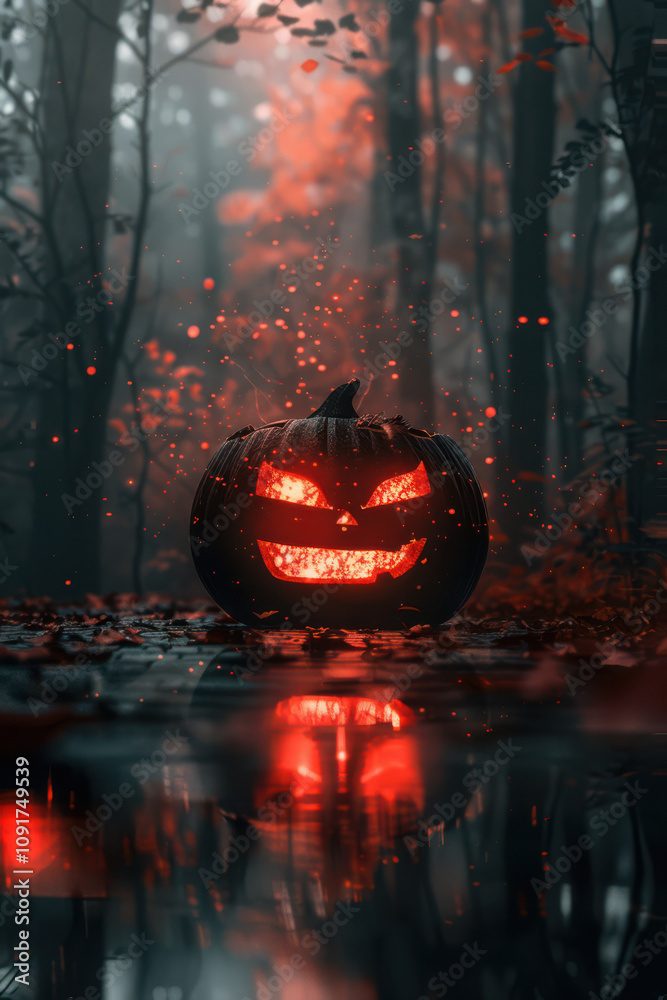 Halloween Pumpkin with glowing eyes on dark background