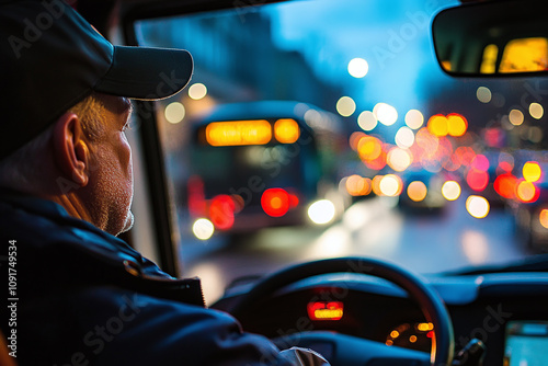 A public transport driver navigating twilight traffic.