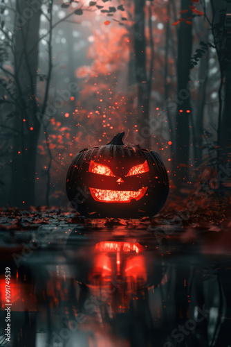 Obraz na płótnie Halloween Pumpkin with glowing eyes on dark background w salonie