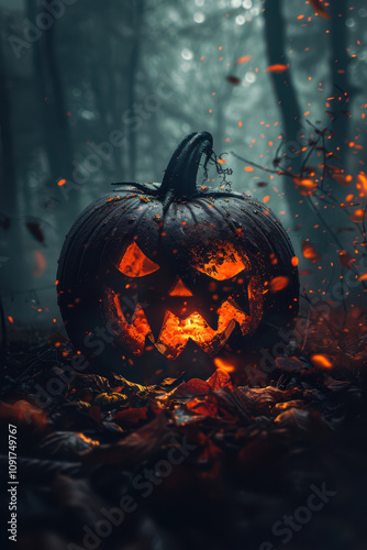 Obraz na płótnie Halloween Pumpkin with glowing eyes on dark background w salonie