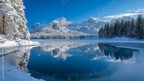 Scenic Frozen Lake with Snow-Covered Forest and Majestic Mountains - Winter Reflection