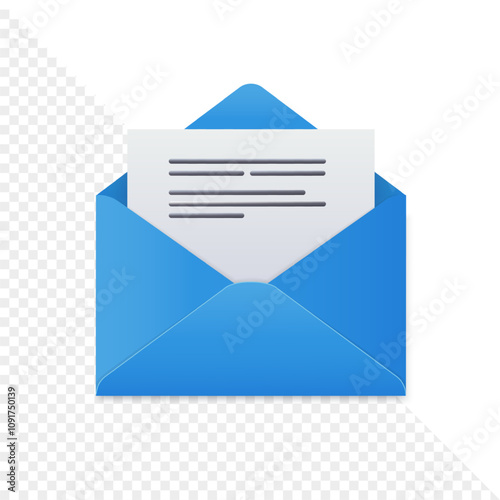 Open blue envelope with white paper inside isolated on white background. Vector EPS 10