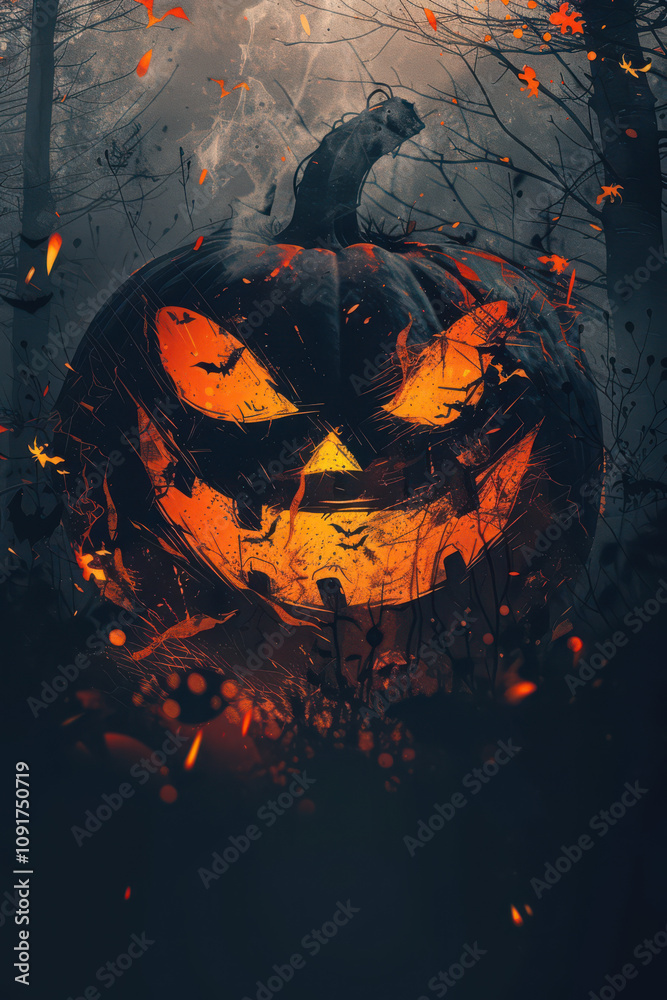 Halloween Pumpkin with glowing eyes on dark background