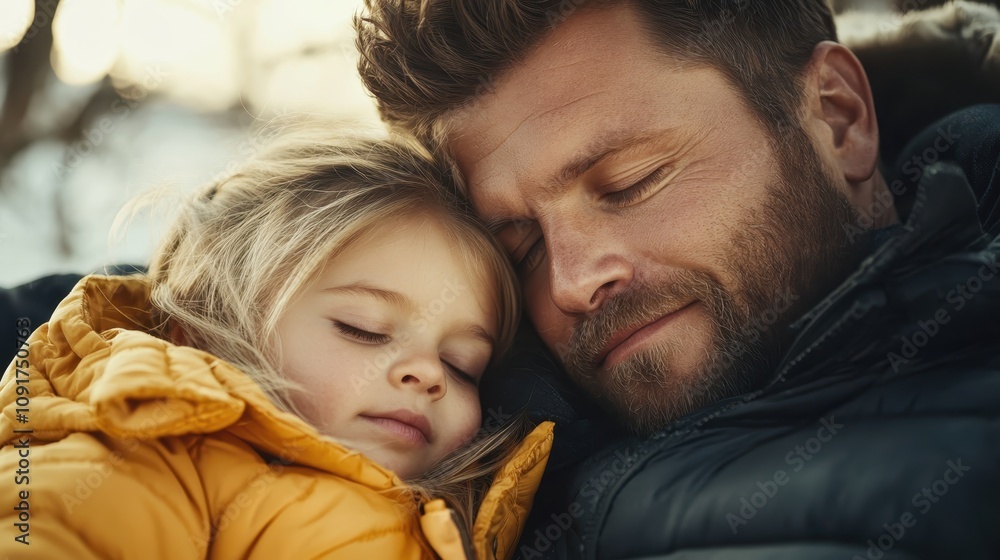 In a tranquil outdoor setting, a father and his daughter in cozy jackets share a peaceful nap, representing family warmth and love amidst nature.