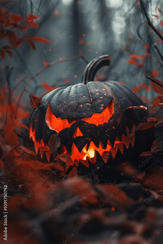 Halloween Pumpkin with glowing eyes on dark background