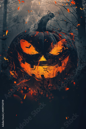 Obraz na płótnie Halloween Pumpkin with glowing eyes on dark background w salonie