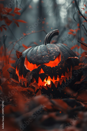 Obraz na płótnie Halloween Pumpkin with glowing eyes on dark background w salonie