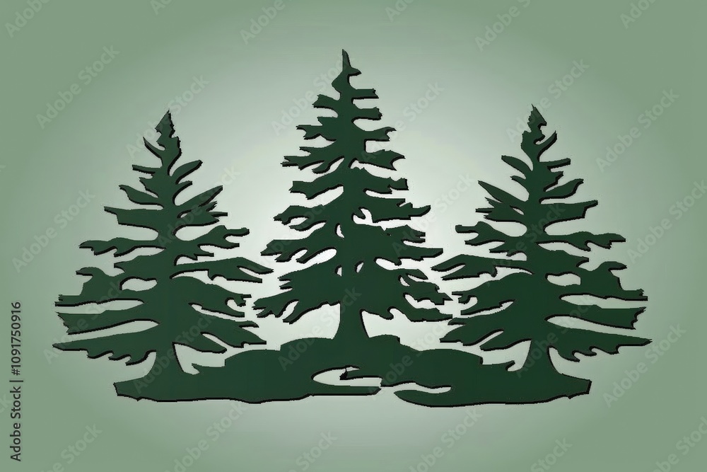 Obraz premium A minimalist illustration of three stylized evergreen trees against a muted green background, symbolizing nature and tranquility.