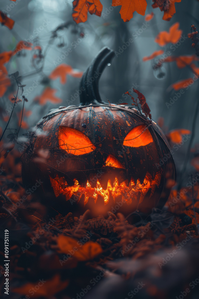 Halloween Pumpkin with glowing eyes on dark background