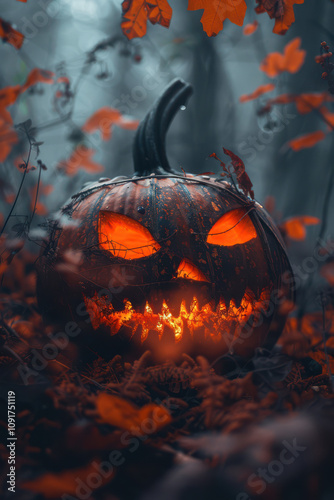Obraz na płótnie Halloween Pumpkin with glowing eyes on dark background w salonie