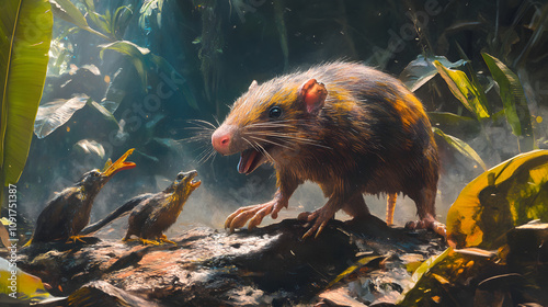 A Vibrant Interaction Scene of the Hispaniolan Solenodon Emphasizing Biodiversity and Habitat Preservation in the Tropical Ecosystem. photo