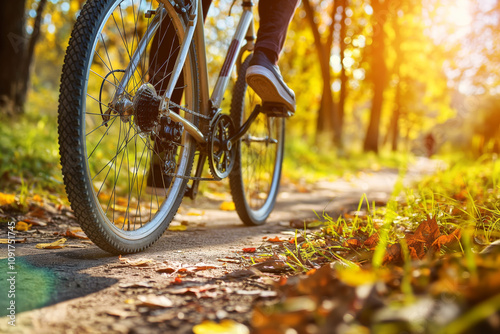 Bicycle on a sunny autumn path with fallen leaves, surrounded by golden trees and warm light, evoking a sense of adventure, nature, and outdoor activity