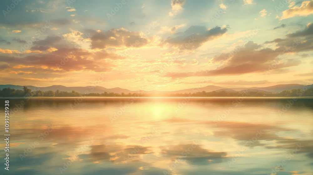 Fototapeta premium Tranquil Lake Sunset: Kelvin-Helmholtz Clouds, Pastel Colored Pencil Drawing