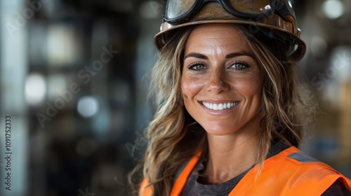 A female construction worker wearing safety goggles and hardhat smiles with confidence amidst a work environment, highlighting strength and determination. photo