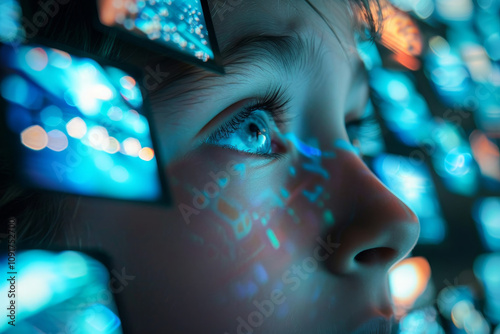 Close-up of a child's face illuminated by glowing digital screens, reflecting bright blue light and futuristic data symbols, evoking themes of technology, curiosity, and digital immersion