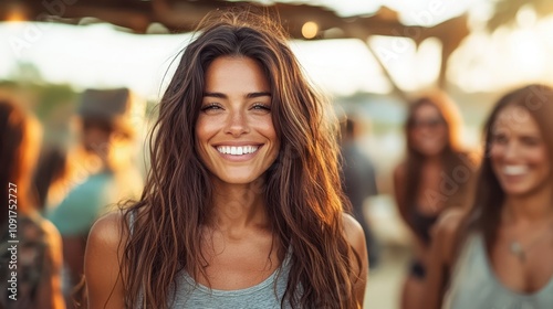 A joyful woman is shown smiling widely at an outdoor social gathering, amidst people in a relaxed setting, conveying the essence of summer happiness and connection.