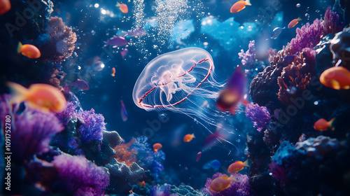 A Beautiful Underwater Scene Featuring the Graceful Comb Jelly (Ctenophora) Surrounded by Vibrant Marine Life photo