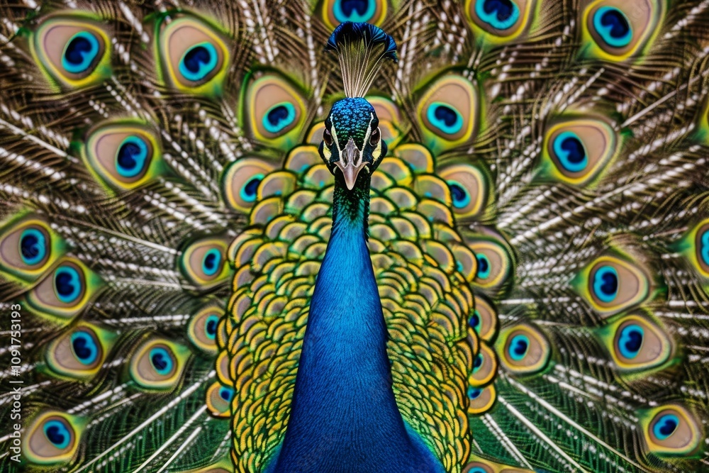 Obraz premium A striking peacock stands majestically, showcasing its iridescent blue and green plumage against a mesmerizing patterned background filled with eye-catching hues.