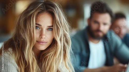 Wallpaper Mural A woman with long hair looks intently at the camera in a bustling coffee shop, embodying focus and engagement amidst a lively and social environment. Torontodigital.ca