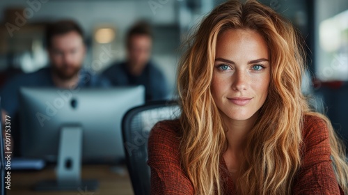 Wallpaper Mural A confident woman with long blonde hair sits in a modern office setting, displaying focus and determination as colleagues work in the background. Torontodigital.ca