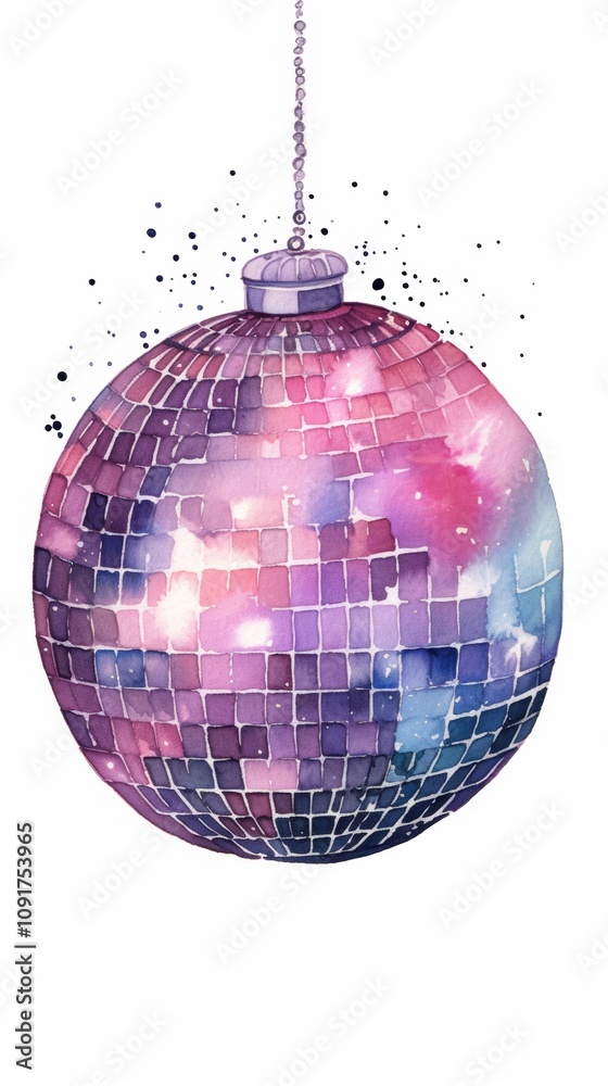 Obraz premium Hand Drawn Watercolor Pink Purple Blue Disco Ball Illustration on White Background for Party Decorations Generative AI