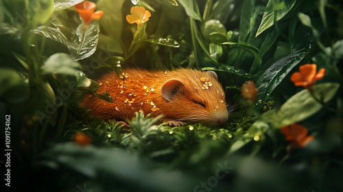 Mesmerizing Portrait of a Golden Mole in a Lush Green Landscape Surrounded by Vibrant Flora and Fauna photo