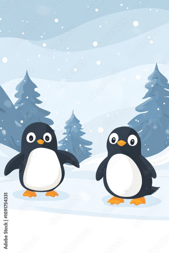 Obraz premium World penguin day. Adorable cartoon penguins in winter wonderland. Vertical banner. Copy space. World Wildlife Day. Flat illustration