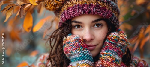 Cozy Autumn Fashion with Hand-Knit Beanie and Mittens Against Fall Foliage photo