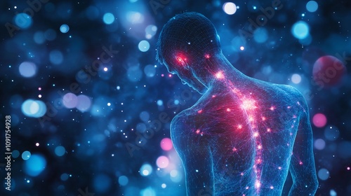 Illustration depicting fibromyalgia  visualizing chronic pain as glowing points throughout the body photo