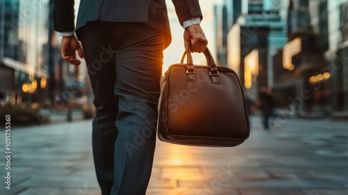 A businessman in a suit walks through an urban area holding a briefcase as the sun sets, symbolizing ambition and the pursuit of professional success. photo