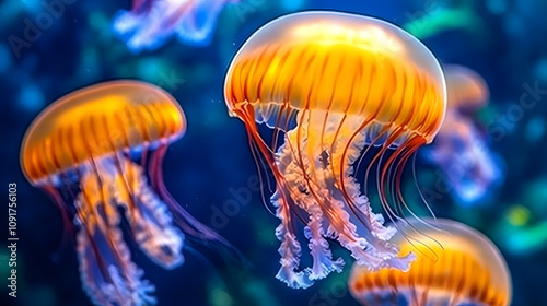 An Enchanting Display of Drifting Comb Jellies (Ctenophora) Glowing in the Ocean Depths photo